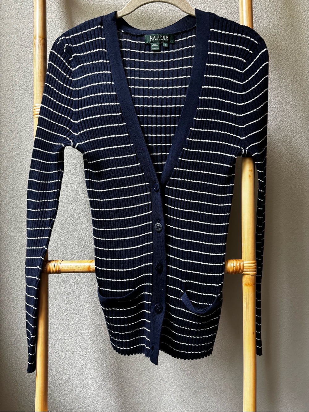 Ralph Lauren Navy and White Striped Ribbed Cardigan